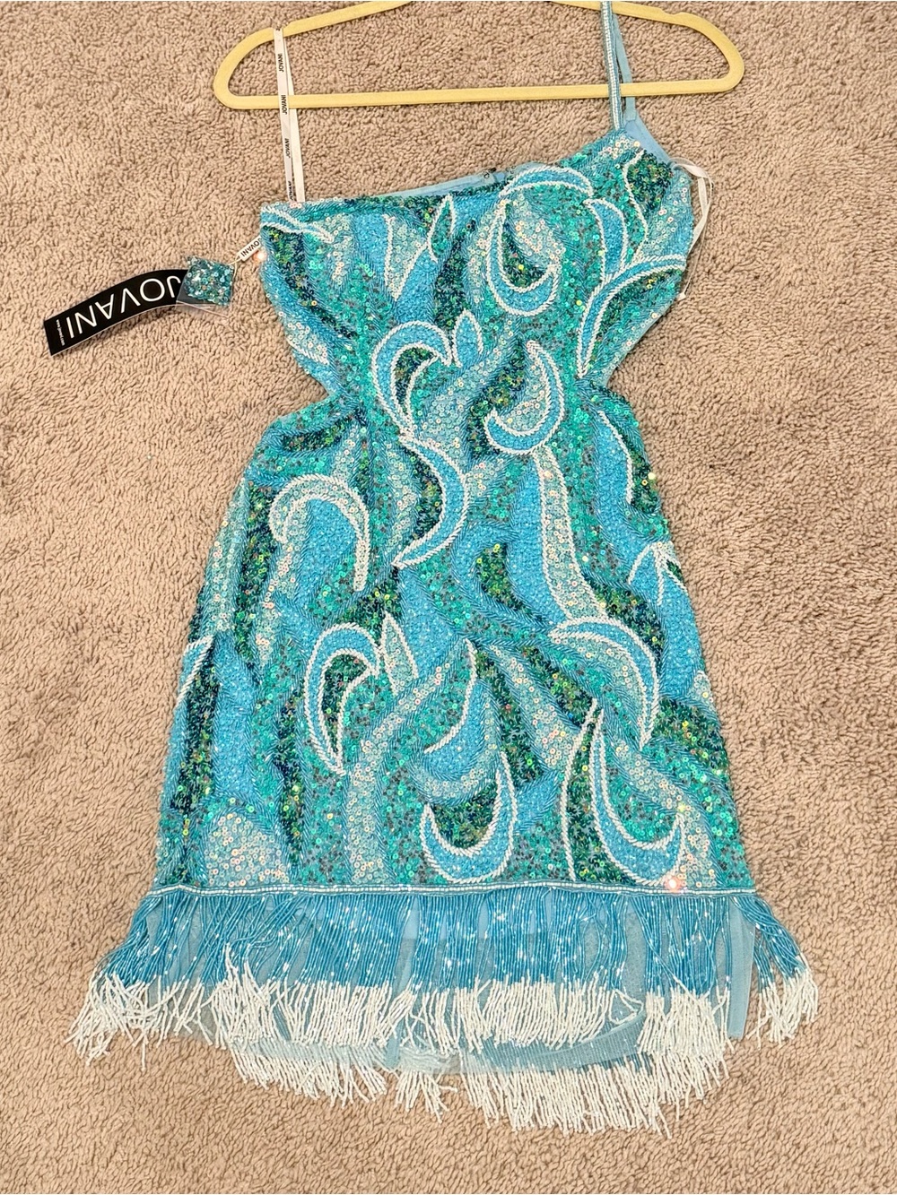 Jovani 40076 Multi Blue Sequin Fringe Mini Dress, Size 4